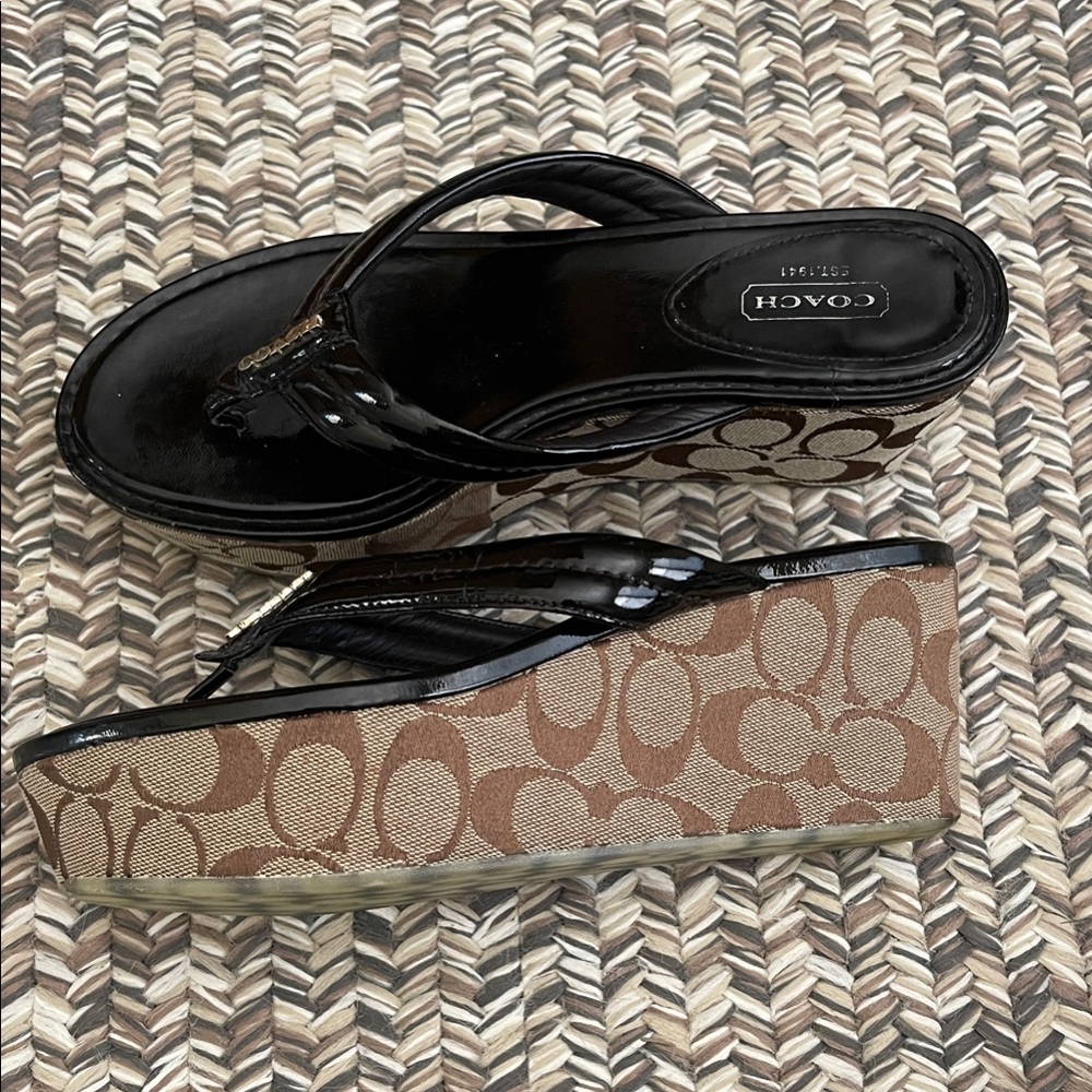 Coach Women's Brown and Tan Signature Wedge Sandals
